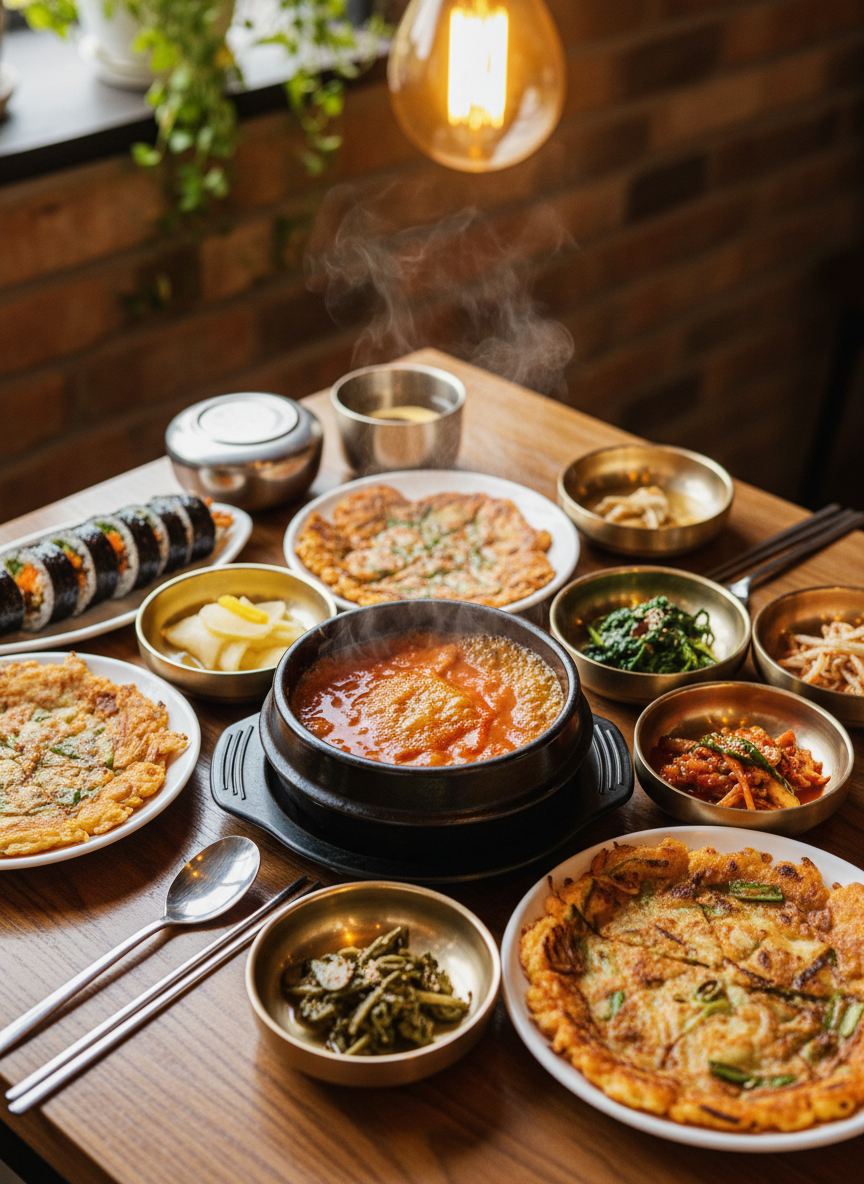 A playful overhead photographic shot of a wooden table crowded with colorful Korean dishes: a sizzling black stone pot of bright red kimchi jjigae bubbling at the center, surrounded by glossy brass bowls of banchan, a neatly arranged gimbap roll with shiny seaweed, and a golden-brown kimchi pancake with crisp edges. Soft warm pendant lighting from above creates gentle highlights on the soups’ surface and subtle reflections on the metal chopsticks. The background falls into a pleasing bokeh of blurred restaurant interior textures, emphasizing the food. The mood is cozy, inviting, and slightly whimsical, as if the table itself is excited to introduce a new hidden gem eatery. Photographic realism with vibrant, saturated colors and shallow depth of field supports a fun food review blog header image.