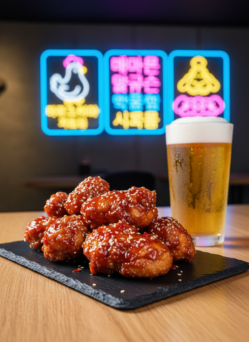 A close-up photographic scene of a perfectly plated Korean fried chicken set on a matte black slate board, each piece coated in a glossy, sticky red sauce with visible sesame seeds and tiny flecks of chili. A frosty glass of golden beer with condensation beads sits beside it, resting on a light oak tabletop. In the softly blurred background, neon-style menu graphics and playful illustrated chicken icons are visible on the wall, hinting at a trendy restaurant. Warm, directional lighting from the upper left emphasizes the crunchy texture and sauce sheen, casting gentle, appetizing shadows. Shot at a low, three-quarter angle with shallow depth of field for a dynamic, energetic feel, the image has a vibrant, modern, and slightly cheeky atmosphere that suits a playful 맛집 리뷰 blog.