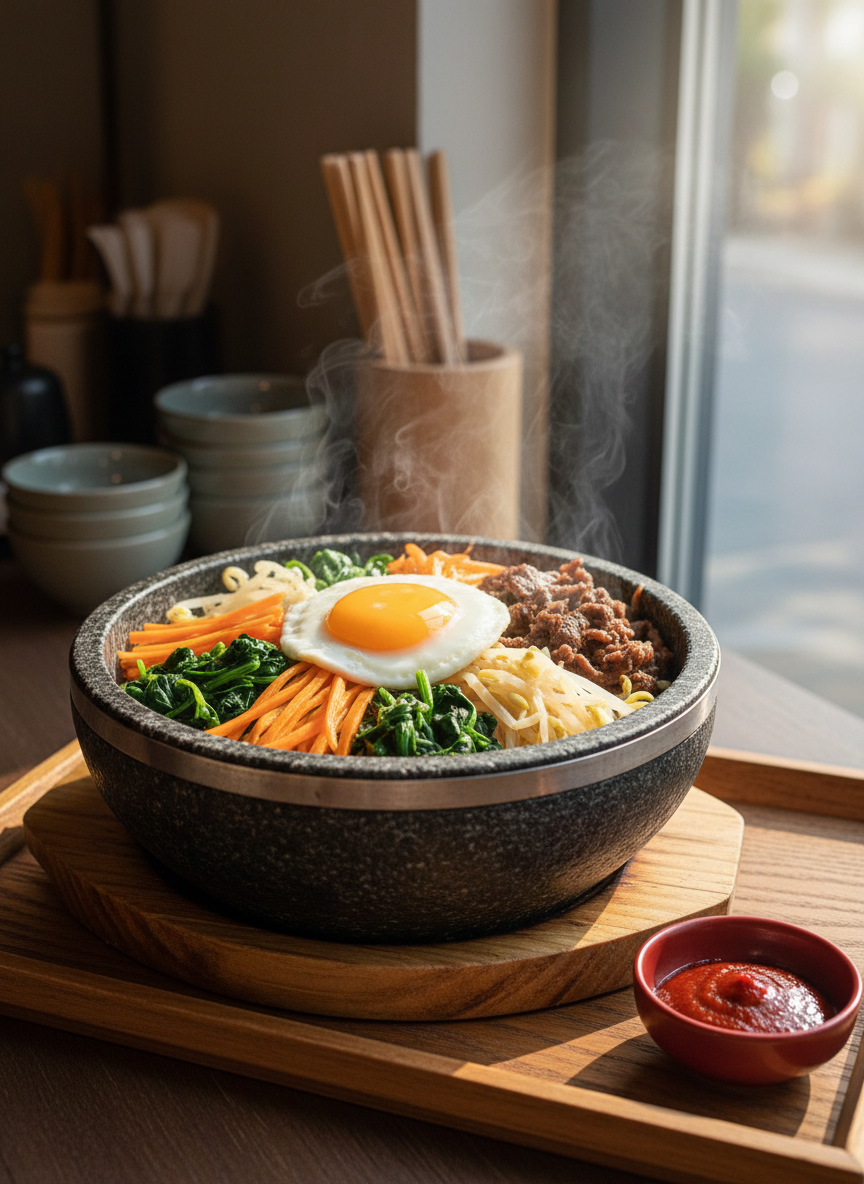 A steaming, oversized stone bowl of bibimbap captured in photographic realism, brimming with neatly arranged ingredients: glossy orange carrot strips, emerald spinach, pale bean sprouts, caramelized brown bulgogi, and a perfectly centered sunny-side-up egg with a rich, runny yolk. The bowl rests on a rustic wooden tray with a small ceramic dish of deep red gochujang beside it, its surface catching a subtle glint. Natural afternoon light pours in from a nearby window to the right, creating soft highlights on the vegetables and a gentle steam haze rising into the air. The background shows a softly blurred glimpse of stacked ceramic bowls and wooden chopsticks in a cozy, modern eatery. Shot at eye level with rule-of-thirds composition, the mood is warm, comforting, and inviting, ideal for illustrating an in-depth review of a beloved Korean restaurant.
