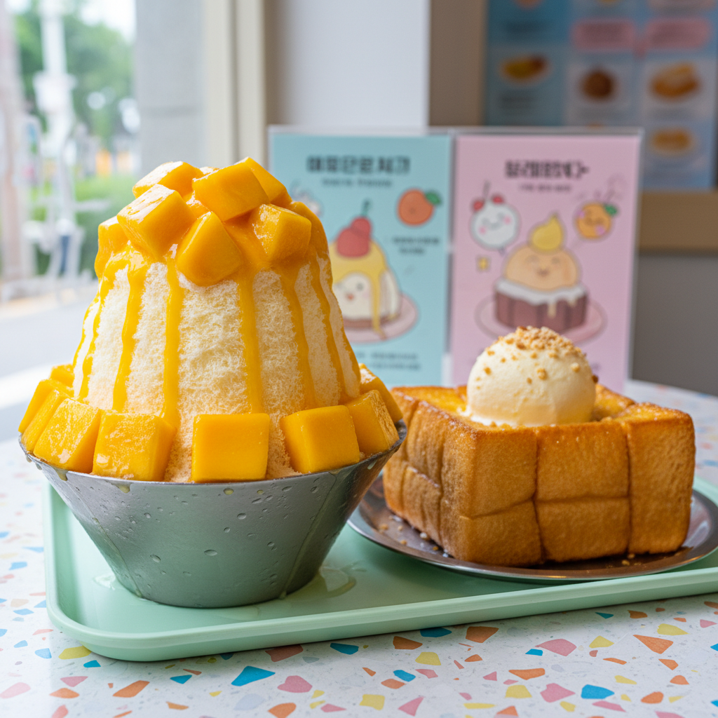 A whimsical, photographic close-up of an over-the-top Korean dessert spread: a towering mango bingsu in a frosty metal bowl piled high with finely shaved ice, glossy mango cubes, and a drizzle of bright yellow syrup, flanked by a chewy, glossy honey brick toast topped with melting vanilla ice cream. The set is placed on a pale pastel tray over a terrazzo cafe table with playful colored chips. Soft, diffused daylight from a large cafe window to the left creates gentle highlights on the ice and syrup, with tiny droplets beginning to form. In the softly blurred background, pastel menu boards and quirky dessert illustrations add charm. Shot from a slightly elevated angle with vivid, saturated colors and shallow depth of field, the mood is fun, indulgent, and lighthearted, perfect for a dessert-focused 맛집 소개 post.